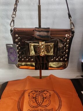 Sharif Metallic Golden Bronze Crossbody Bag w/Tiger Hair Center Nwt